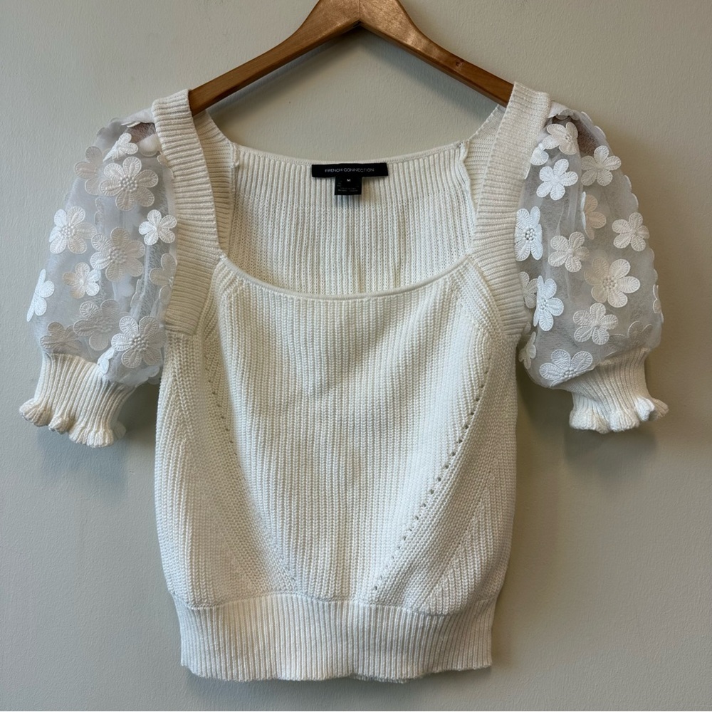 French Connection Ivory Knit Top with Floral Mesh Puff Sleeves